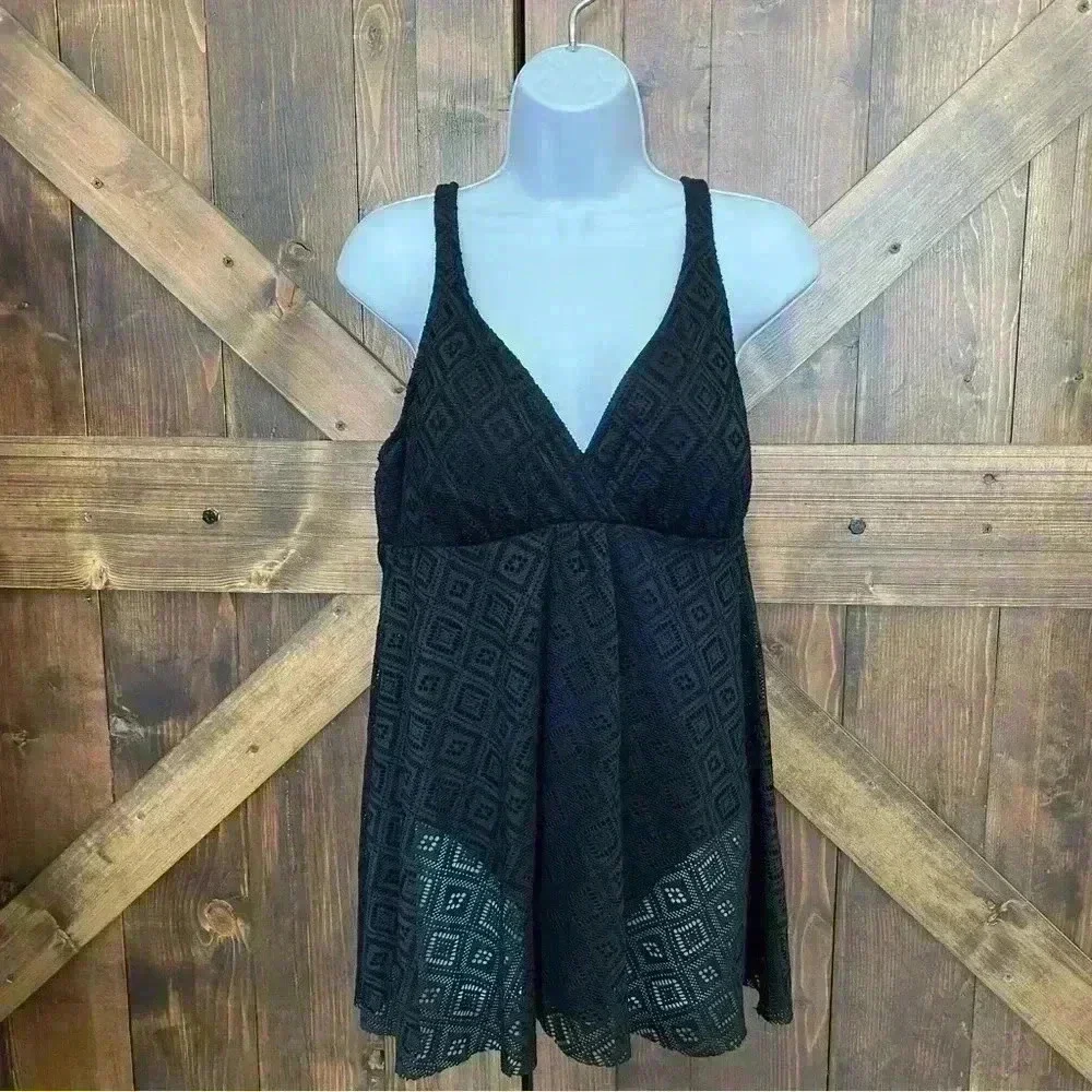 NWT Swim Solutions CROCHET BLACK Flyaway Tummy Control Swimdress Macys size 14 - Picture 5 of 11